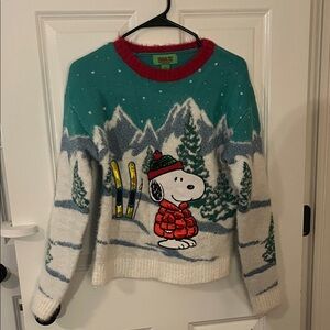 Peanuts Women's Teal and White Snoopy Sweater